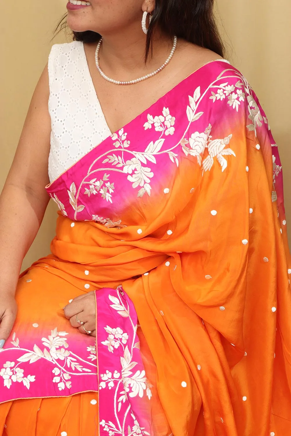 Vibrant Orange and Pink Hand Embroidered Parsi Gara Crepe Saree