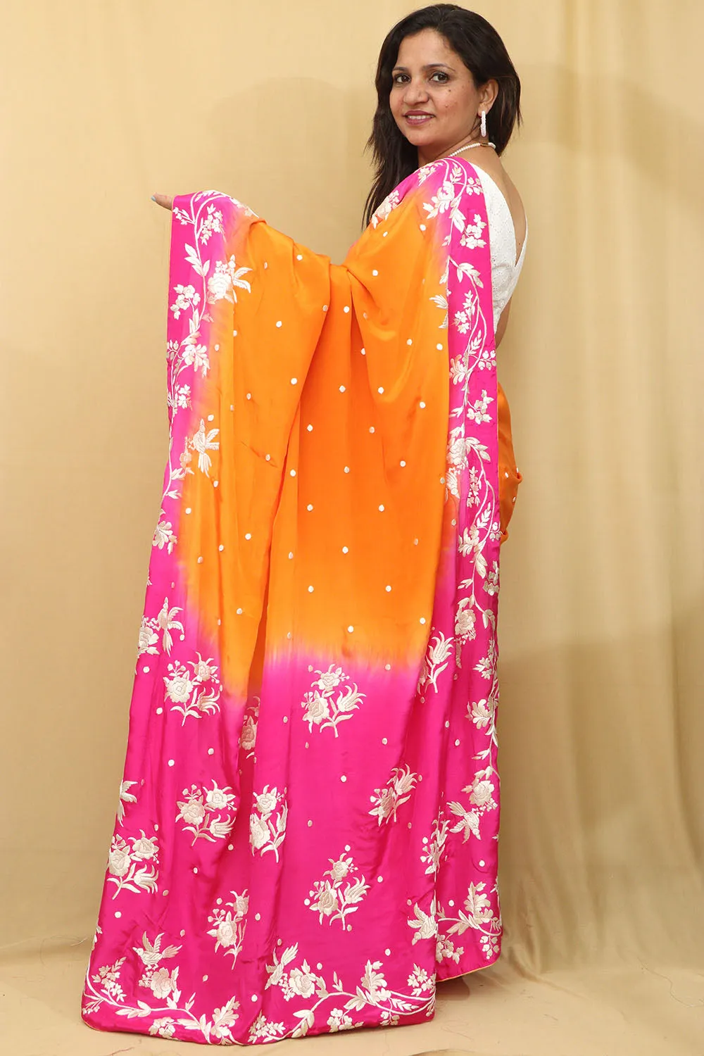 Vibrant Orange and Pink Hand Embroidered Parsi Gara Crepe Saree