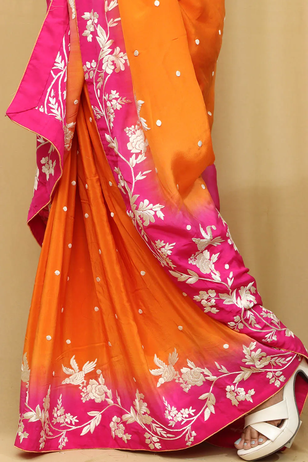 Vibrant Orange and Pink Hand Embroidered Parsi Gara Crepe Saree