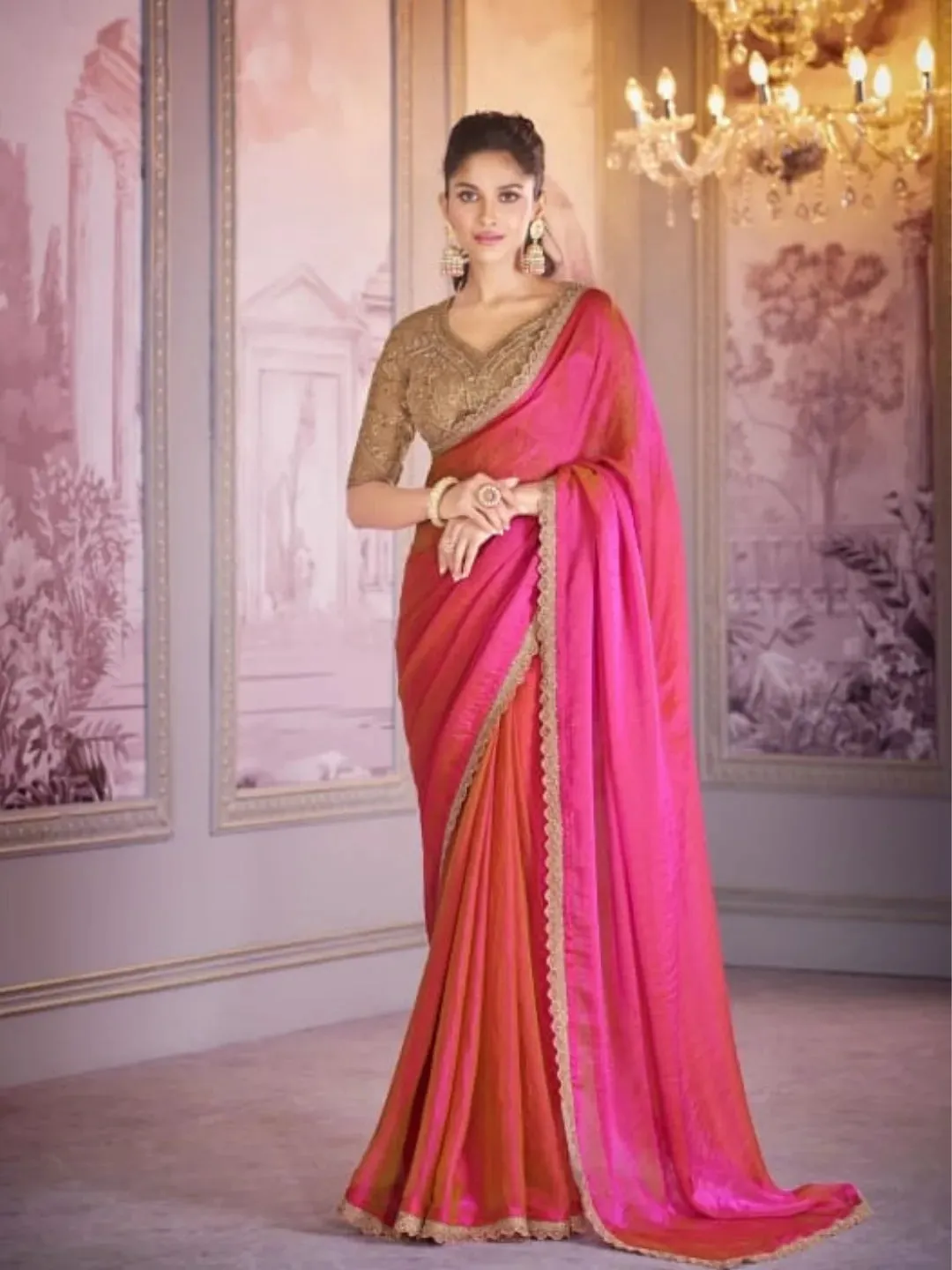 Vibrant Pink-Orange Chiffon Organza Embroidered Saree