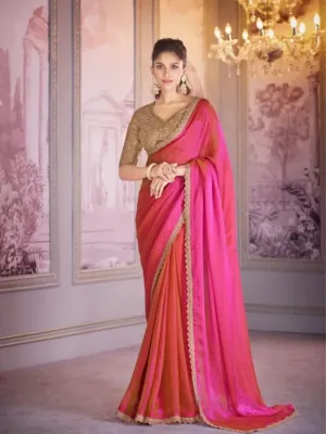 Vibrant Pink-Orange Chiffon Organza Embroidered Saree