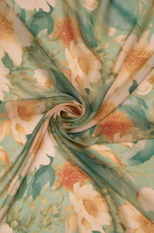 White Sea Green Floral Digital Printed Crystal Crush Satin Fabric