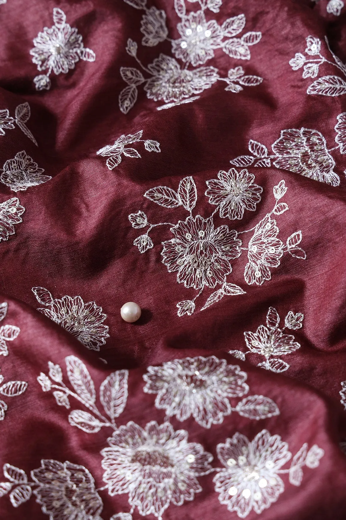 White Thread With Gold Sequins Floral Embroidery On Maroon Pure Bamboo Silk Fabric