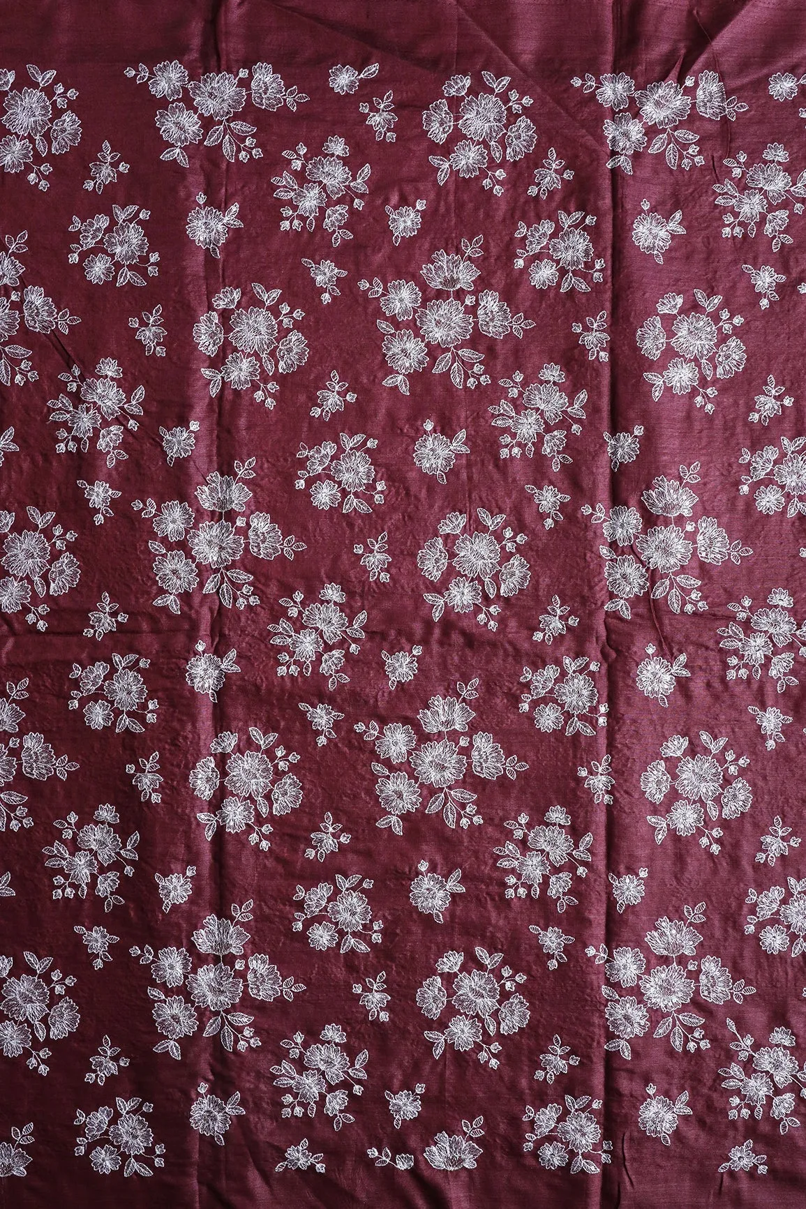 White Thread With Gold Sequins Floral Embroidery On Maroon Pure Bamboo Silk Fabric