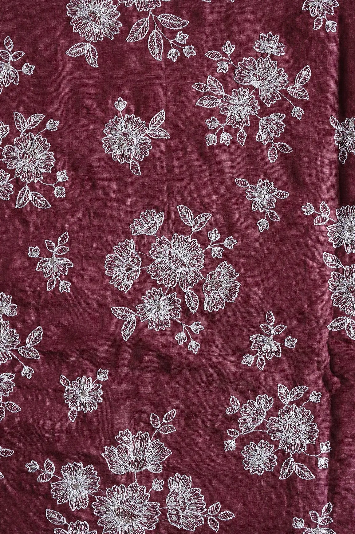 White Thread With Gold Sequins Floral Embroidery On Maroon Pure Bamboo Silk Fabric