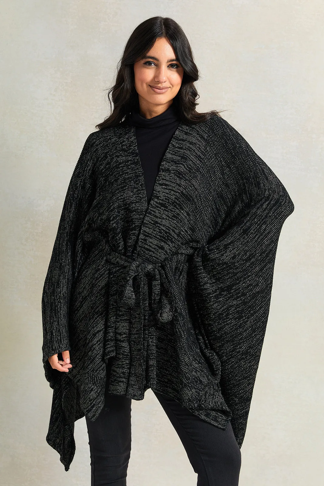 Women Black Lurex Pattern Front Knot Poncho