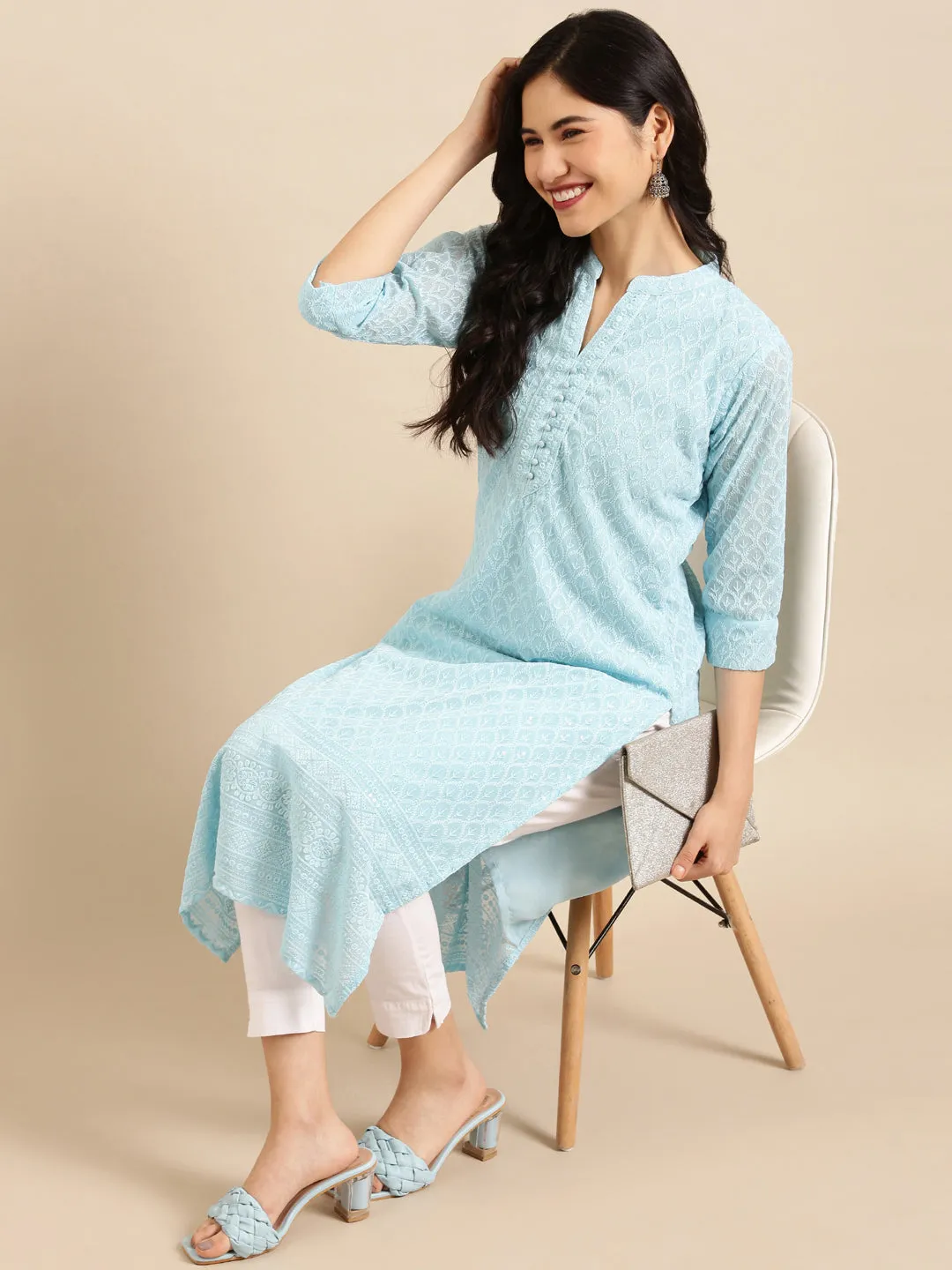 Women's Blue Embroidered Straight Kurta