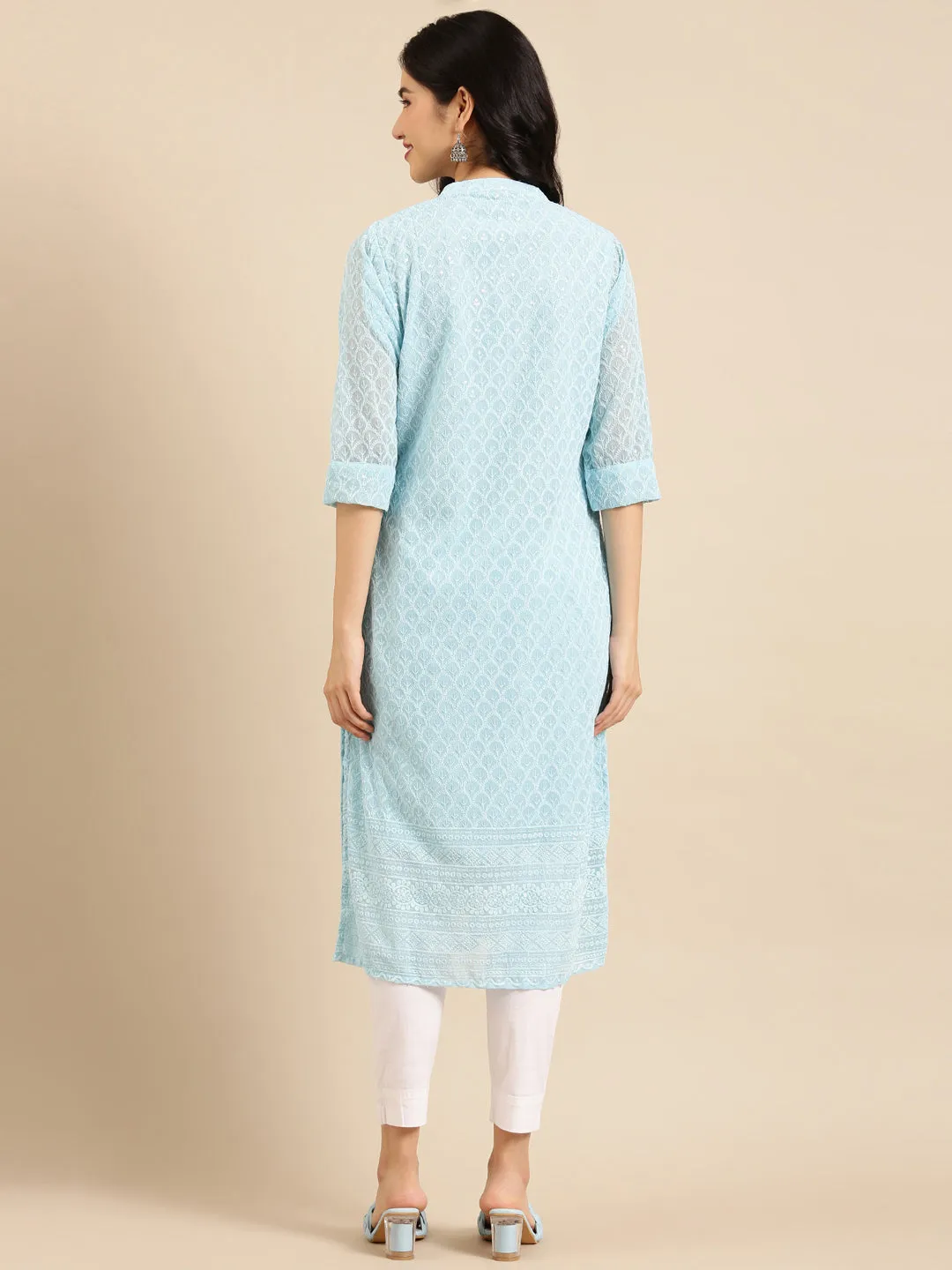 Women's Blue Embroidered Straight Kurta