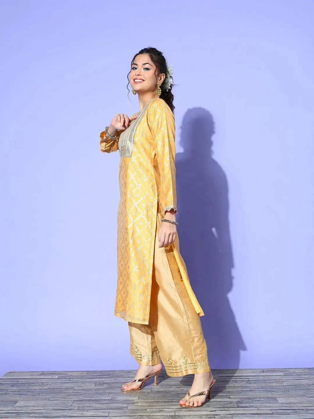 Yellow Chanderi Woven Design Straight Kurta