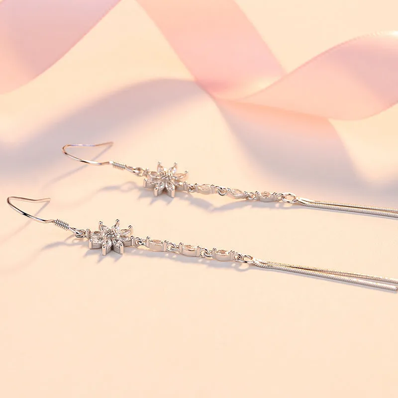 Zircon Flower Long Tassels Silver Drop Earrings for Women