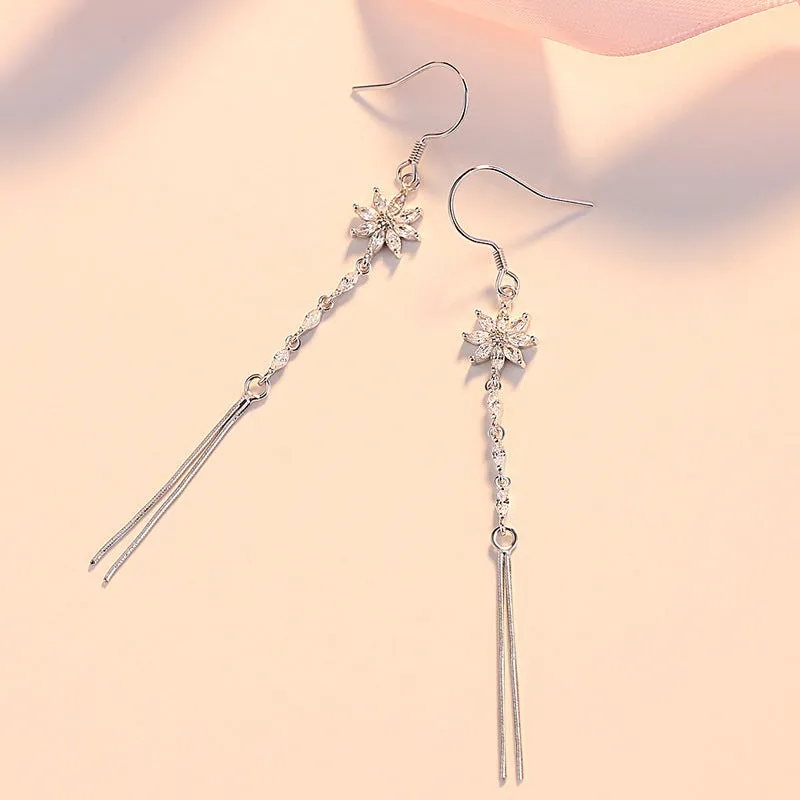 Zircon Flower Long Tassels Silver Drop Earrings for Women