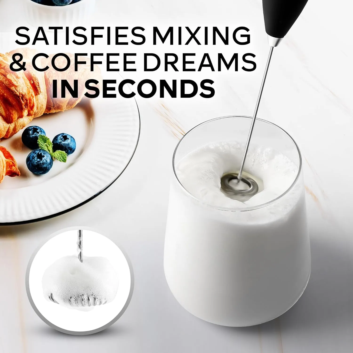 Zulay Kitchen Powerful Milk Frother Handheld Foam Maker for Lattes - Whisk Drink Mixer for Coffee, Mini Foamer for Cappuccino, Frappe, Matcha, Hot Chocolate & Coffee Creamer by Milk Boss (Black)